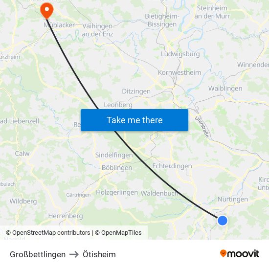 Großbettlingen to Ötisheim map