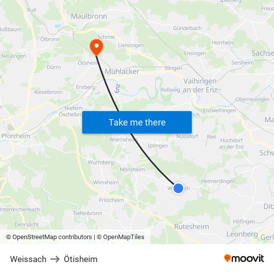 Weissach to Ötisheim map
