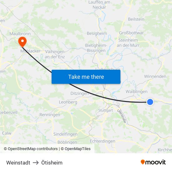 Weinstadt to Ötisheim map