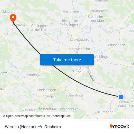 Wernau (Neckar) to Ötisheim map