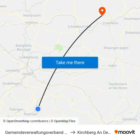 Gemeindeverwaltungsverband Metzingen to Kirchberg An Der Jagst map