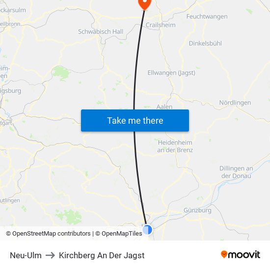 Neu-Ulm to Kirchberg An Der Jagst map