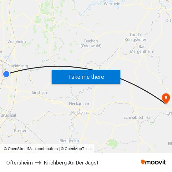 Oftersheim to Kirchberg An Der Jagst map