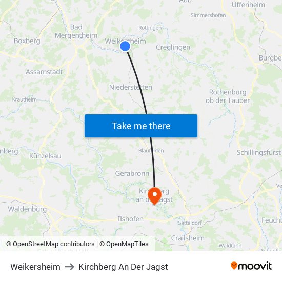 Weikersheim to Kirchberg An Der Jagst map