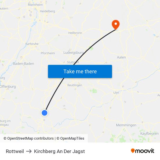 Rottweil to Kirchberg An Der Jagst map