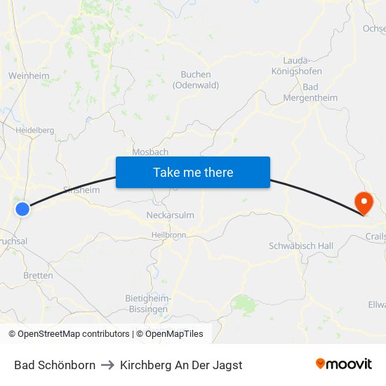 Bad Schönborn to Kirchberg An Der Jagst map