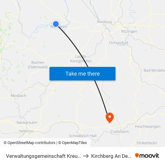 Verwaltungsgemeinschaft Kreuzwertheim to Kirchberg An Der Jagst map