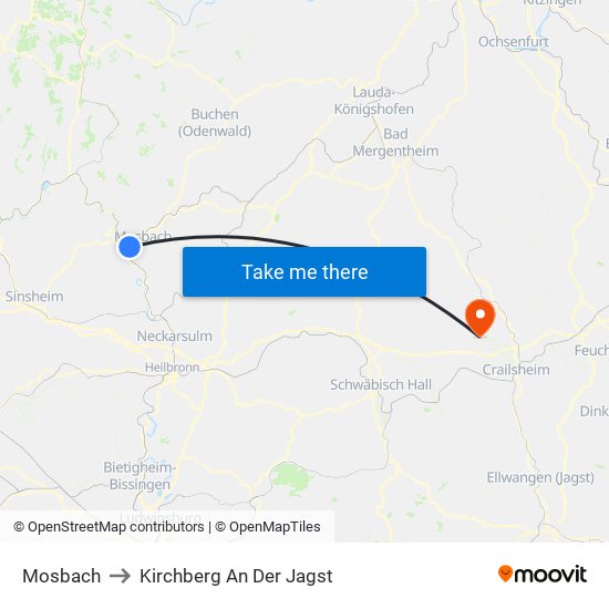Mosbach to Kirchberg An Der Jagst map