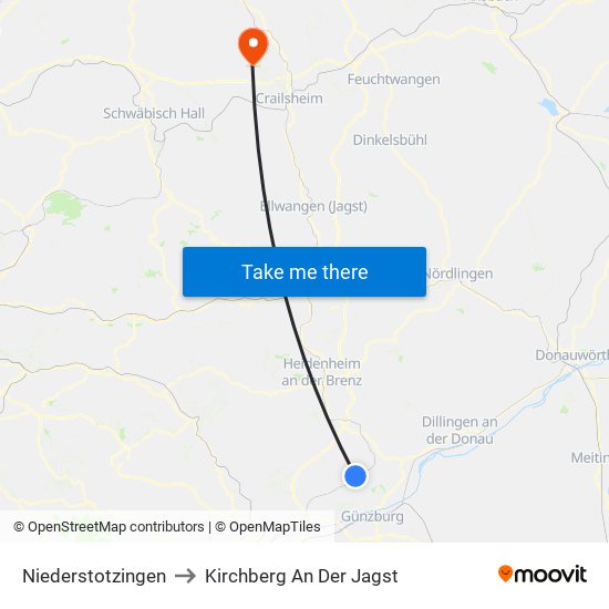 Niederstotzingen to Kirchberg An Der Jagst map