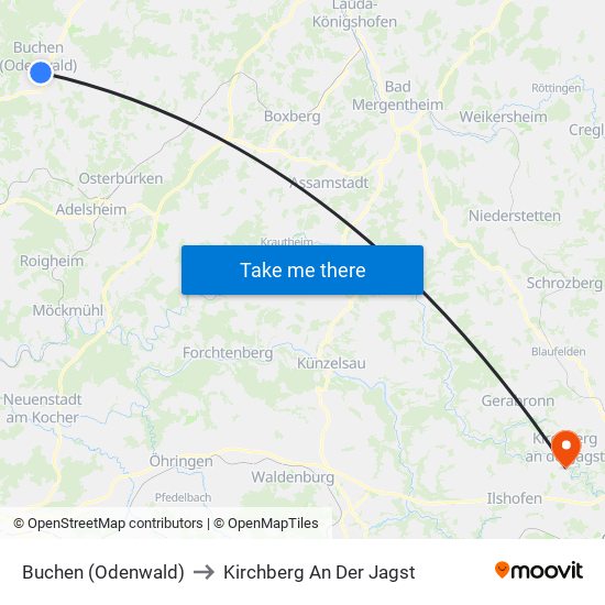 Buchen (Odenwald) to Kirchberg An Der Jagst map