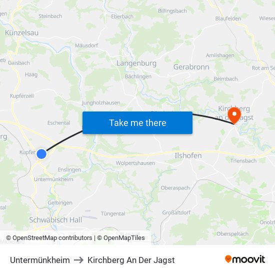 Untermünkheim to Kirchberg An Der Jagst map