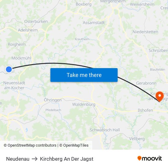 Neudenau to Kirchberg An Der Jagst map