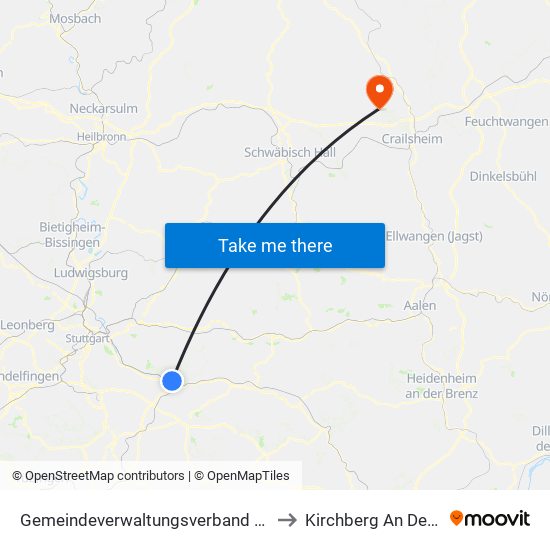 Gemeindeverwaltungsverband Plochingen to Kirchberg An Der Jagst map