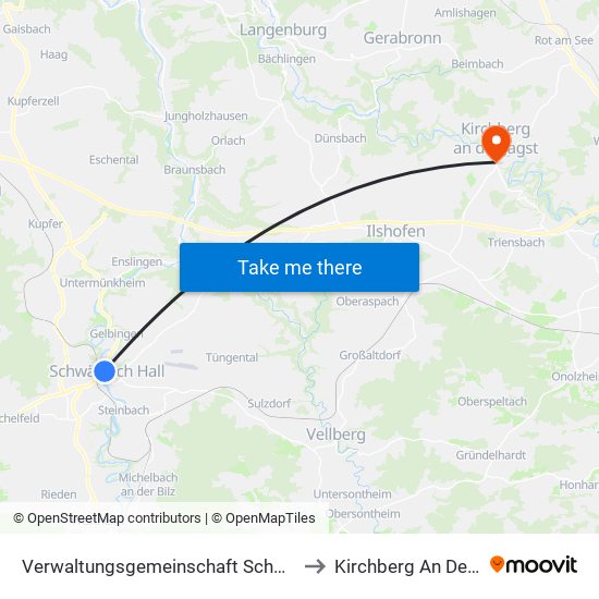 Verwaltungsgemeinschaft Schwäbisch Hall to Kirchberg An Der Jagst map