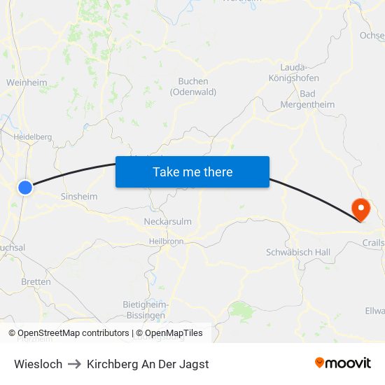 Wiesloch to Kirchberg An Der Jagst map