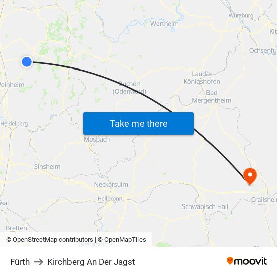 Fürth to Kirchberg An Der Jagst map