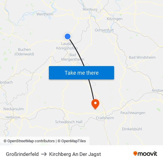 Großrinderfeld to Kirchberg An Der Jagst map