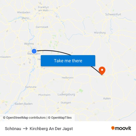 Schönau to Kirchberg An Der Jagst map