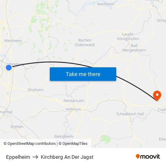 Eppelheim to Kirchberg An Der Jagst map