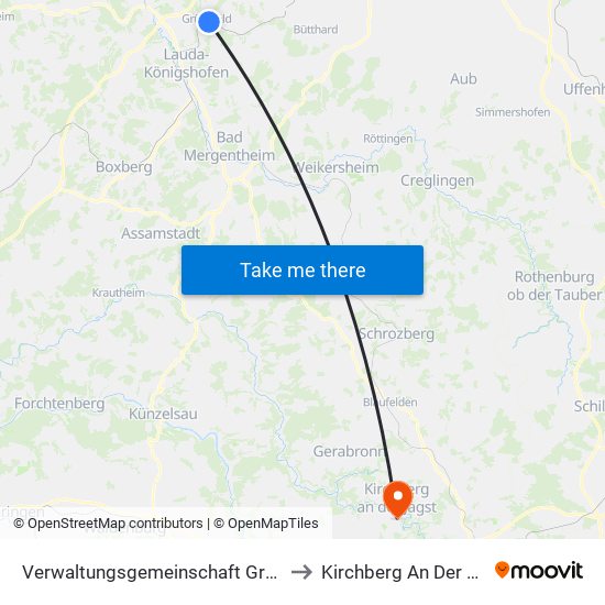 Verwaltungsgemeinschaft Grünsfeld to Kirchberg An Der Jagst map
