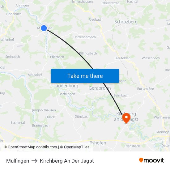 Mulfingen to Kirchberg An Der Jagst map