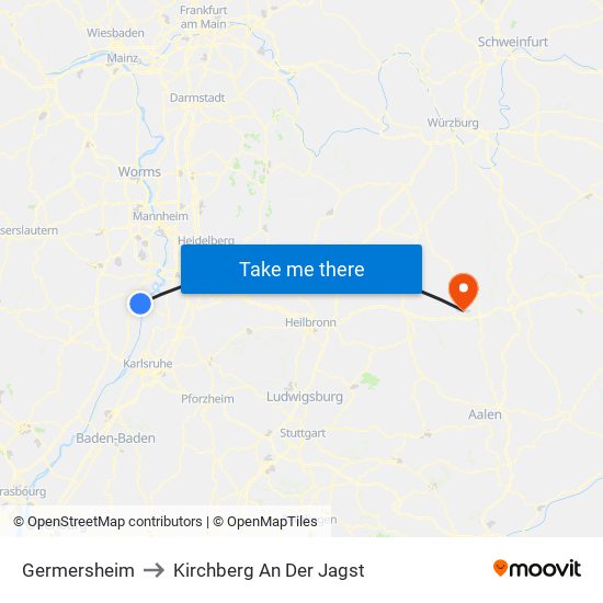 Germersheim to Kirchberg An Der Jagst map