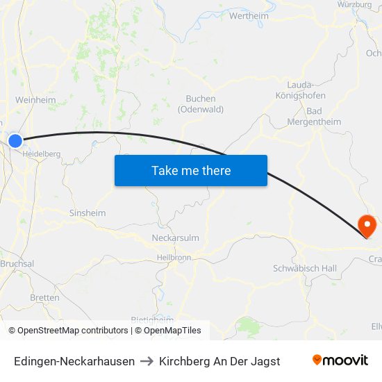 Edingen-Neckarhausen to Kirchberg An Der Jagst map