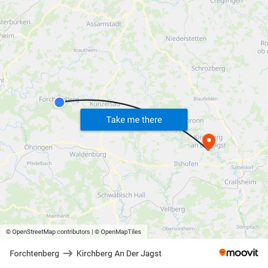 Forchtenberg to Kirchberg An Der Jagst map
