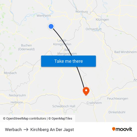 Werbach to Kirchberg An Der Jagst map