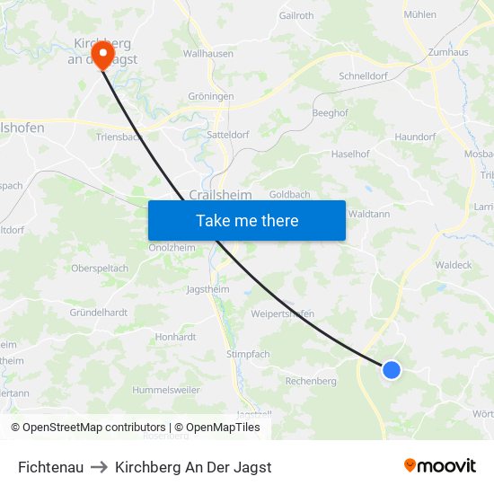 Fichtenau to Kirchberg An Der Jagst map