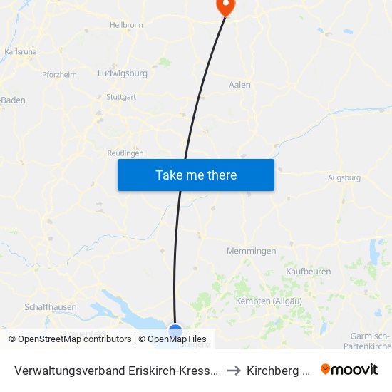 Verwaltungsverband Eriskirch-Kressbronn am Bodensee-Langenargen to Kirchberg An Der Jagst map