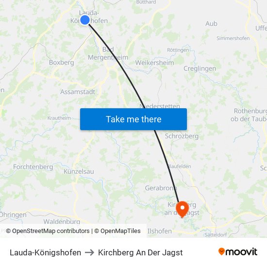 Lauda-Königshofen to Kirchberg An Der Jagst map