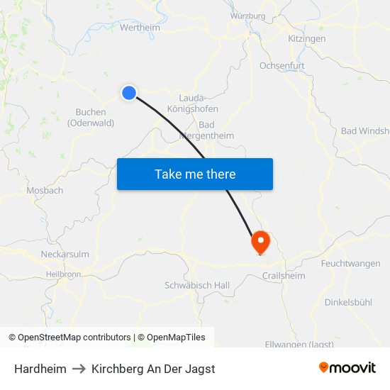 Hardheim to Kirchberg An Der Jagst map