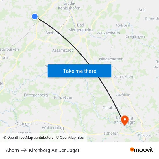 Ahorn to Kirchberg An Der Jagst map