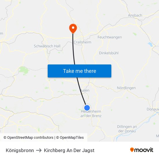 Königsbronn to Kirchberg An Der Jagst map