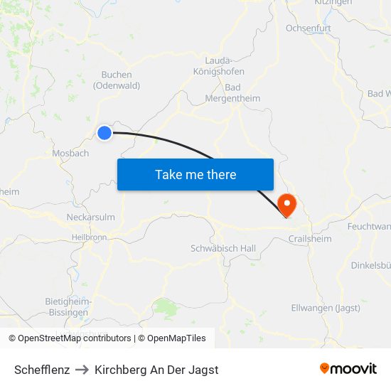 Schefflenz to Kirchberg An Der Jagst map