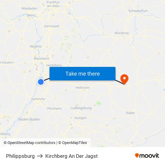 Philippsburg to Kirchberg An Der Jagst map