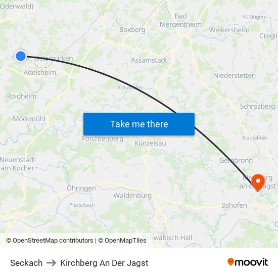 Seckach to Kirchberg An Der Jagst map