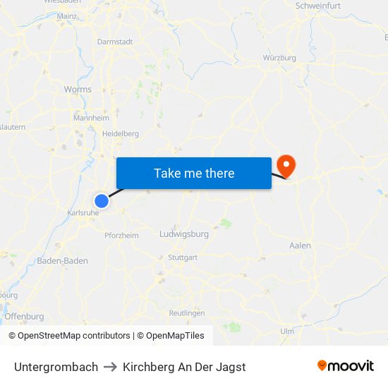 Untergrombach to Kirchberg An Der Jagst map