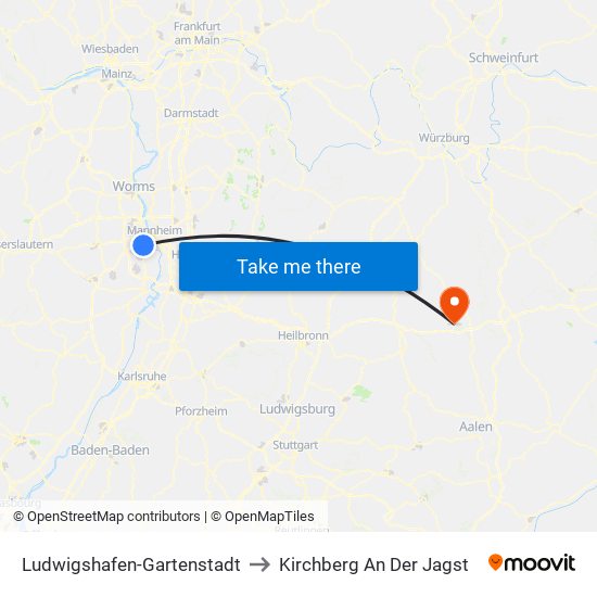 Ludwigshafen-Gartenstadt to Kirchberg An Der Jagst map
