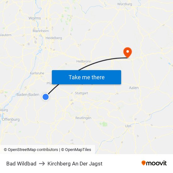 Bad Wildbad to Kirchberg An Der Jagst map