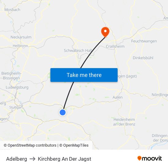 Adelberg to Kirchberg An Der Jagst map