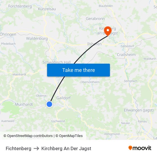 Fichtenberg to Kirchberg An Der Jagst map