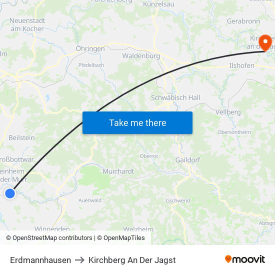 Erdmannhausen to Kirchberg An Der Jagst map