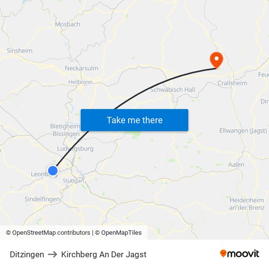 Ditzingen to Kirchberg An Der Jagst map