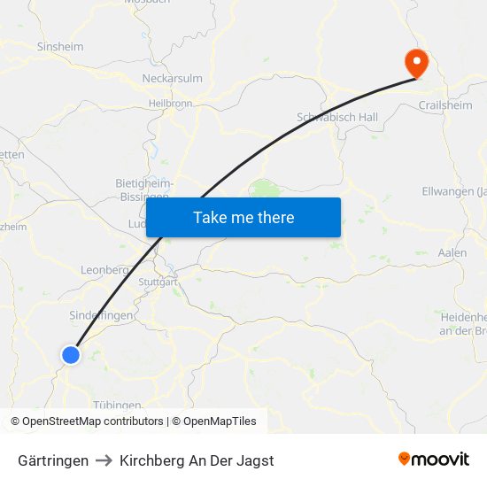 Gärtringen to Kirchberg An Der Jagst map