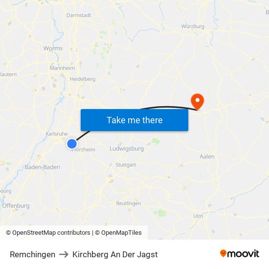 Remchingen to Kirchberg An Der Jagst map