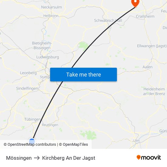 Mössingen to Kirchberg An Der Jagst map