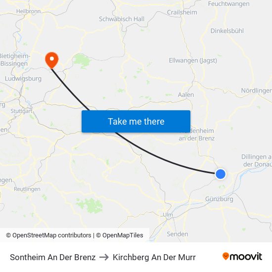 Sontheim An Der Brenz to Kirchberg An Der Murr map