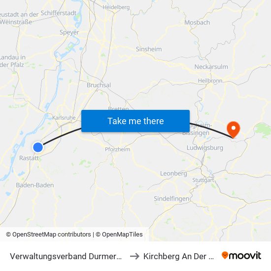 Verwaltungsverband Durmersheim to Kirchberg An Der Murr map